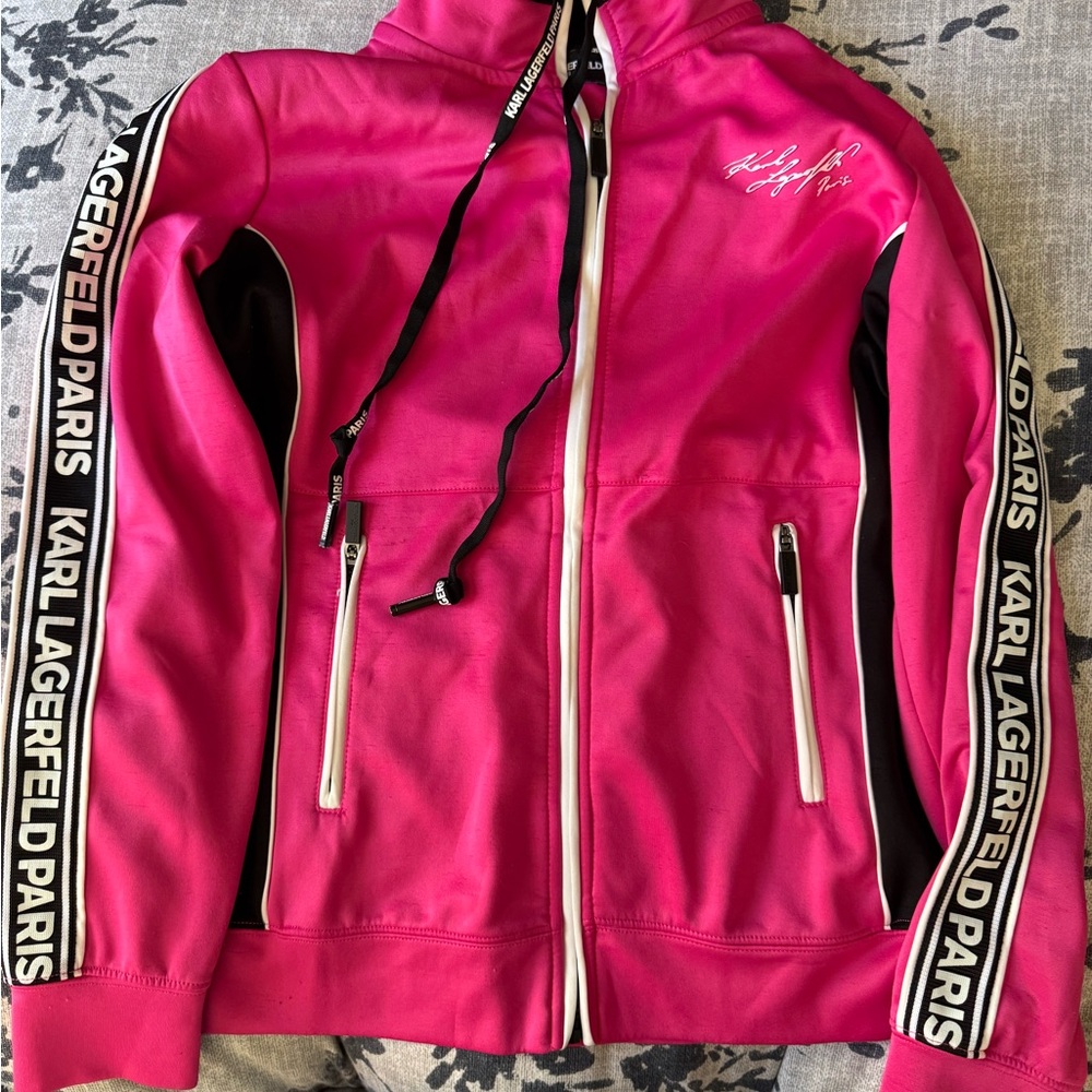 Karl Lagerfeld Hot Pink Bomber Jacket with Black Accents